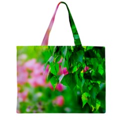 Green Birch Leaves, Pink Flowers Zipper Mini Tote Bag