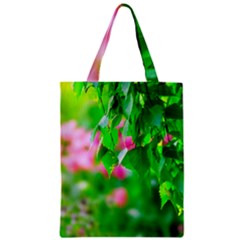 Green Birch Leaves, Pink Flowers Zipper Classic Tote Bag