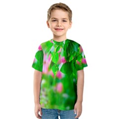 Green Birch Leaves, Pink Flowers Kids  Sport Mesh Tee