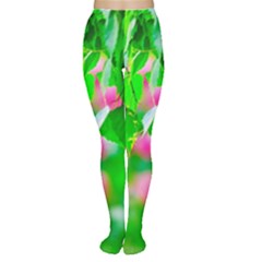 Green Birch Leaves, Pink Flowers Women s Tights