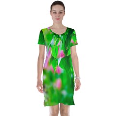 Green Birch Leaves, Pink Flowers Short Sleeve Nightdress by FunnyCow