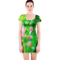 Green Birch Leaves, Pink Flowers Short Sleeve Bodycon Dress