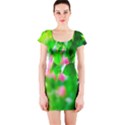 Green Birch Leaves, Pink Flowers Short Sleeve Bodycon Dress View1