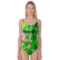 Green Birch Leaves, Pink Flowers Camisole Leotard  by FunnyCow