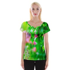 Green Birch Leaves, Pink Flowers Cap Sleeve Tops