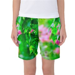 Green Birch Leaves, Pink Flowers Women s Basketball Shorts