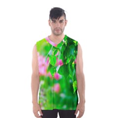 Green Birch Leaves, Pink Flowers Men s Basketball Tank Top