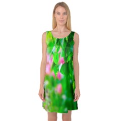 Green Birch Leaves, Pink Flowers Sleeveless Satin Nightdress by FunnyCow