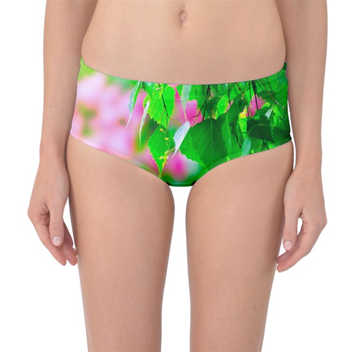 Green Birch Leaves, Pink Flowers Mid-Waist Bikini Bottoms