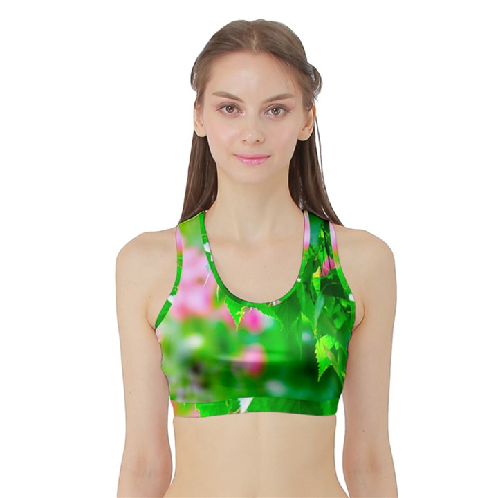 Green Birch Leaves, Pink Flowers Sports Bra with Border