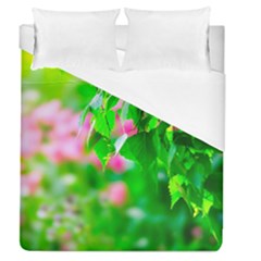 Green Birch Leaves, Pink Flowers Duvet Cover (Queen Size)