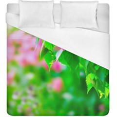 Green Birch Leaves, Pink Flowers Duvet Cover (King Size)