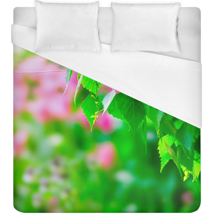 Green Birch Leaves, Pink Flowers Duvet Cover (King Size)