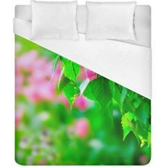 Green Birch Leaves, Pink Flowers Duvet Cover (California King Size)