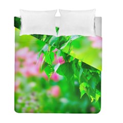 Green Birch Leaves, Pink Flowers Duvet Cover Double Side (Full/ Double Size)