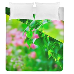 Green Birch Leaves, Pink Flowers Duvet Cover Double Side (Queen Size)