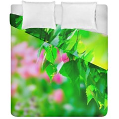 Green Birch Leaves, Pink Flowers Duvet Cover Double Side (California King Size)