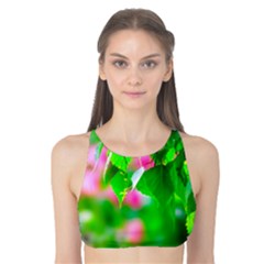 Green Birch Leaves, Pink Flowers Tank Bikini Top