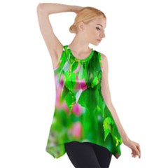 Green Birch Leaves, Pink Flowers Side Drop Tank Tunic by FunnyCow