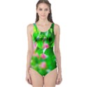 Green Birch Leaves, Pink Flowers One Piece Swimsuit View1