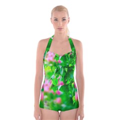 Green Birch Leaves, Pink Flowers Boyleg Halter Swimsuit  by FunnyCow