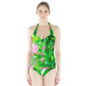 Green Birch Leaves, Pink Flowers Halter Swimsuit View1