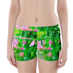 Green Birch Leaves, Pink Flowers Boyleg Bikini Wrap Bottoms