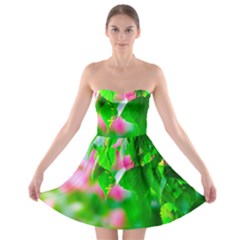 Green Birch Leaves, Pink Flowers Strapless Bra Top Dress by FunnyCow