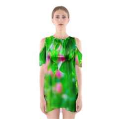 Green Birch Leaves, Pink Flowers Shoulder Cutout One Piece