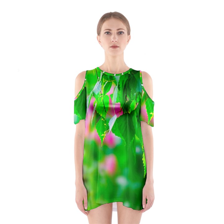 Green Birch Leaves, Pink Flowers Shoulder Cutout One Piece