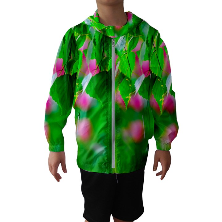 Green Birch Leaves, Pink Flowers Hooded Windbreaker (Kids)