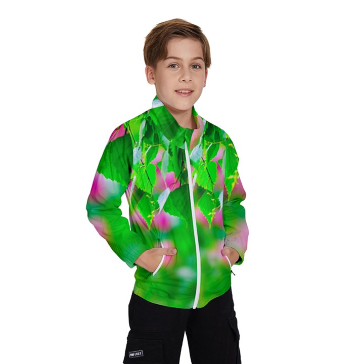 Green Birch Leaves, Pink Flowers Windbreaker (Kids)