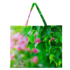 Green Birch Leaves, Pink Flowers Zipper Large Tote Bag