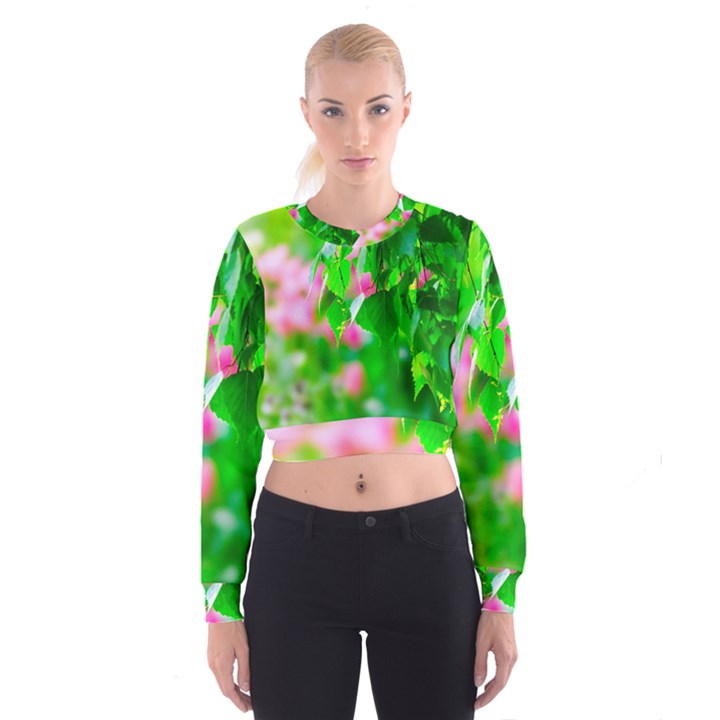 Green Birch Leaves, Pink Flowers Cropped Sweatshirt