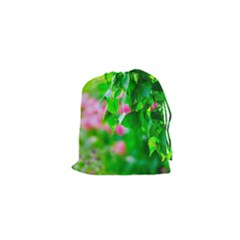 Green Birch Leaves, Pink Flowers Drawstring Pouches (XS) 