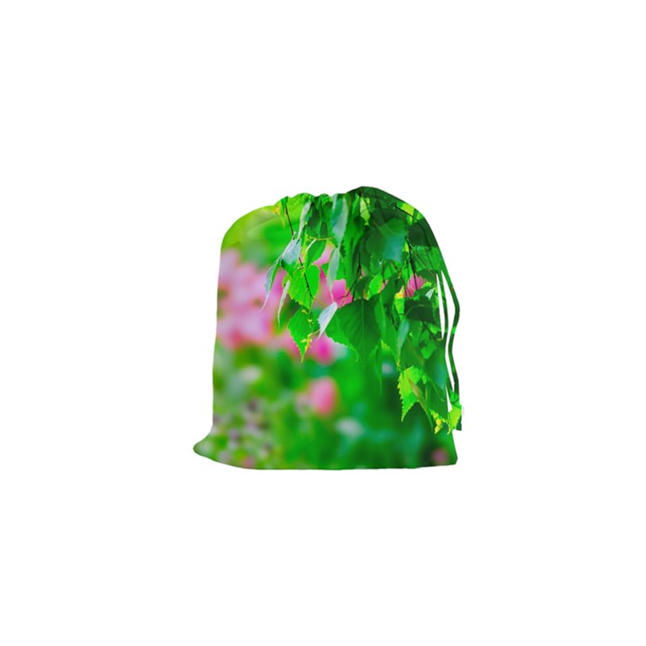 Green Birch Leaves, Pink Flowers Drawstring Pouches (XS) 