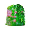 Green Birch Leaves, Pink Flowers Drawstring Pouches (Extra Large) View1