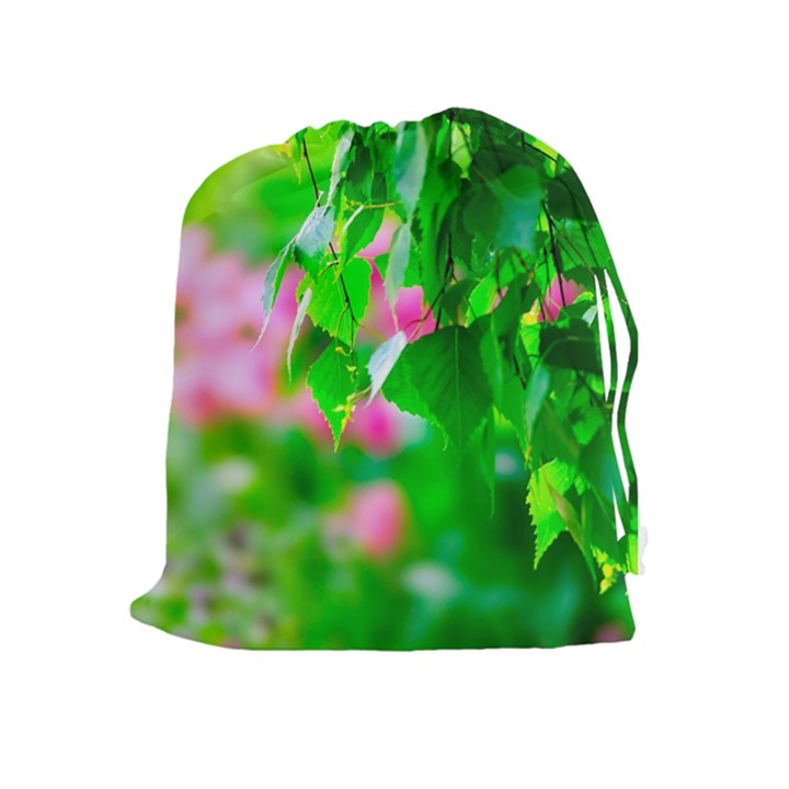 Green Birch Leaves, Pink Flowers Drawstring Pouches (Extra Large)