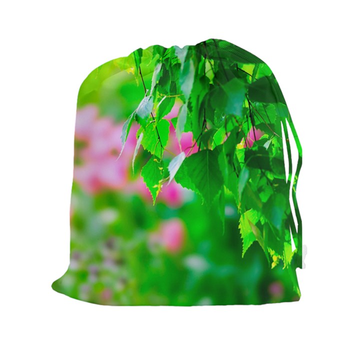 Green Birch Leaves, Pink Flowers Drawstring Pouches (XXL)