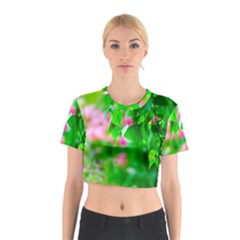 Green Birch Leaves, Pink Flowers Cotton Crop Top by FunnyCow