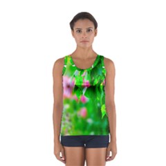 Green Birch Leaves, Pink Flowers Sport Tank Top 