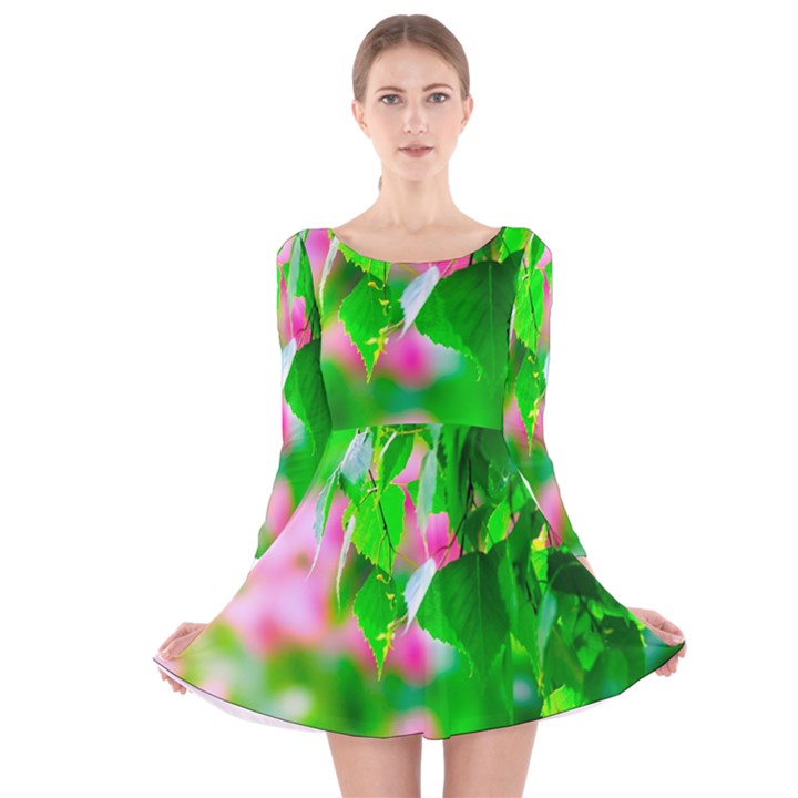 Green Birch Leaves, Pink Flowers Long Sleeve Velvet Skater Dress