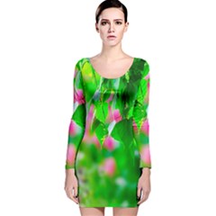 Green Birch Leaves, Pink Flowers Long Sleeve Velvet Bodycon Dress