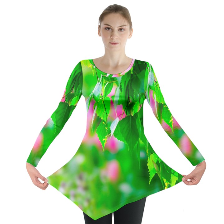 Green Birch Leaves, Pink Flowers Long Sleeve Tunic 