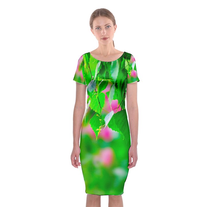 Green Birch Leaves, Pink Flowers Classic Short Sleeve Midi Dress