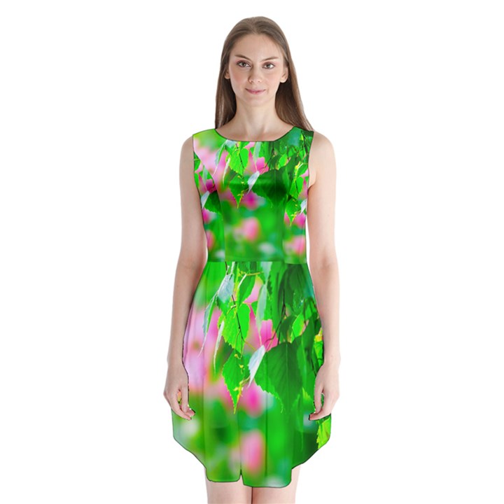 Green Birch Leaves, Pink Flowers Sleeveless Chiffon Dress  