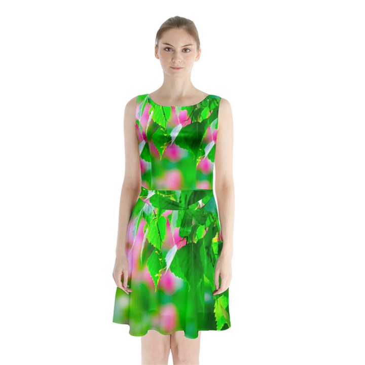 Green Birch Leaves, Pink Flowers Sleeveless Waist Tie Chiffon Dress