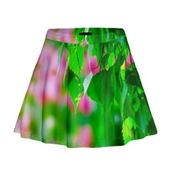 Green Birch Leaves, Pink Flowers Mini Flare Skirt