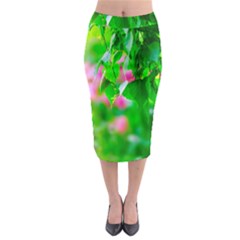 Green Birch Leaves, Pink Flowers Midi Pencil Skirt by FunnyCow