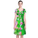 Green Birch Leaves, Pink Flowers Short Sleeve Front Wrap Dress View1